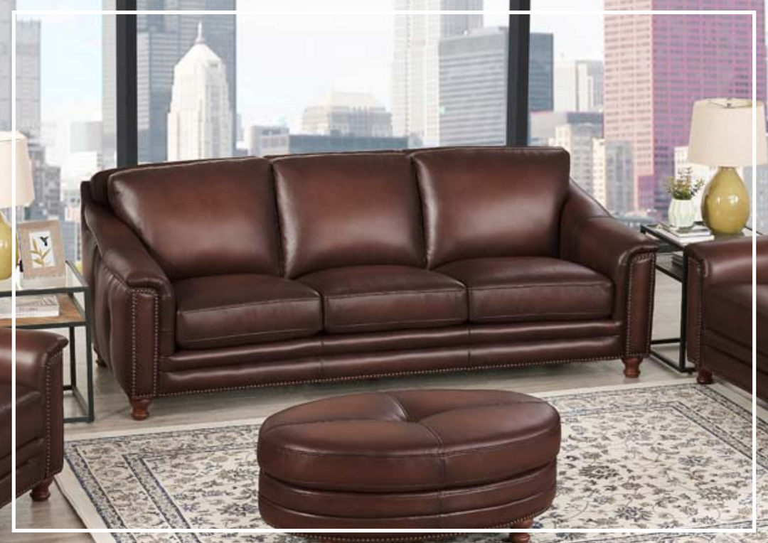 Hydeline Belfast Stationary Premium Leather Sofa with Nail-Head Finish