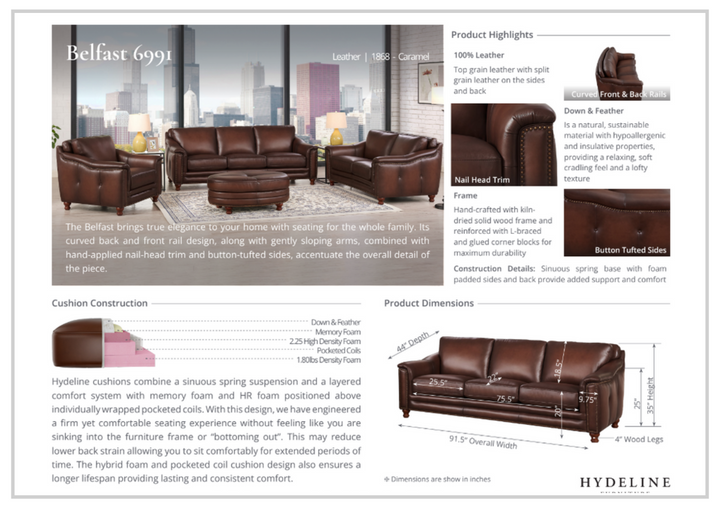 Hydeline Belfast Stationary Premium Leather Sofa with Nail-Head Finish