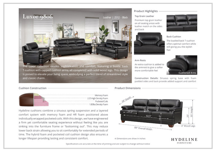 Hydeline Luxor Stationary Premium Leather Sofa