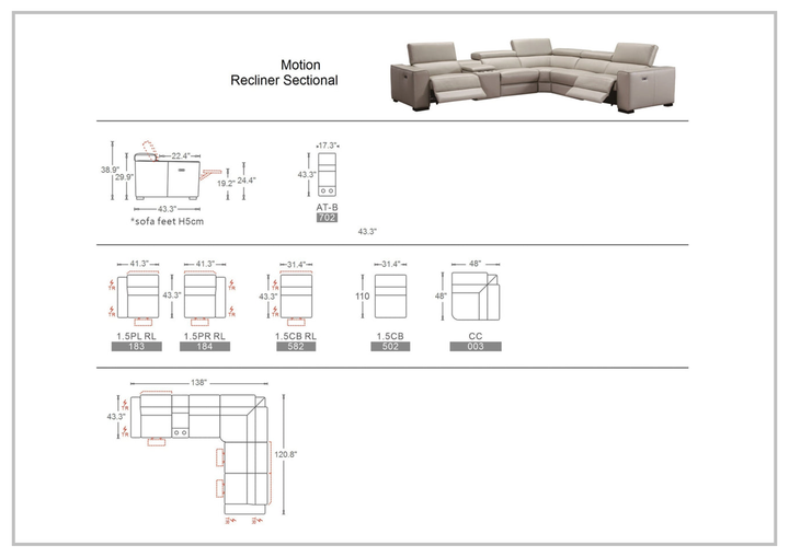 Gio Italia Aventura L-Shaped Fabric Power Reclining Sectional Sofa-Sofabed