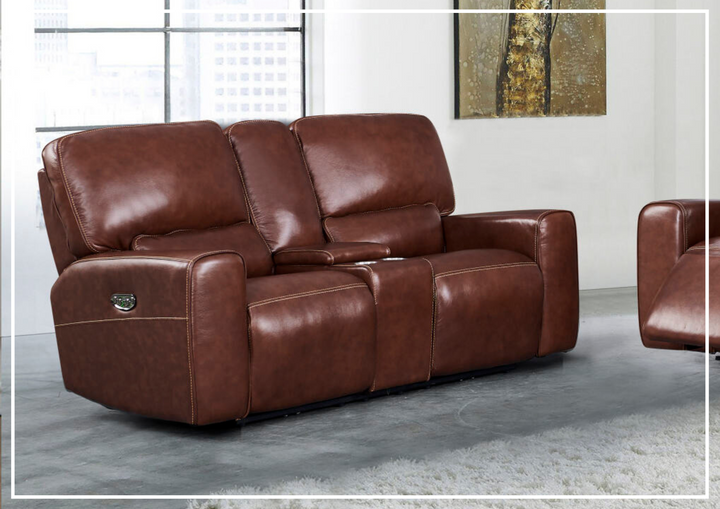 Gio Italia Bennett Power Reclining Leather Loveseat in brown with console