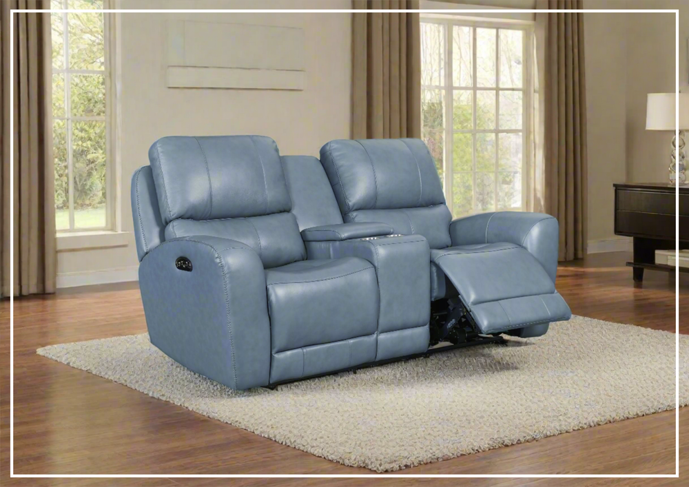 Bristol Power Reclining Leather Loveseat with Console In Blue Color-SOFABED